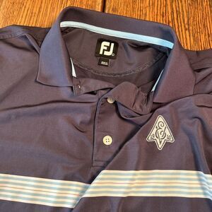 Men's FJ Footjoy Golf Polo Shirt Size L Blue With Stripes Embroidered Patch